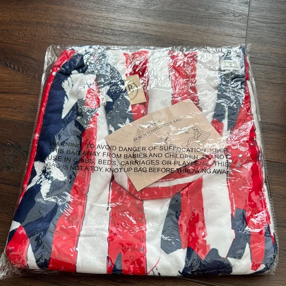 Beach Towel + Tote Bag 2 in 1 Red White Blue.